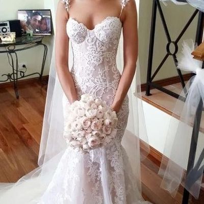 Gorgeous mermaid sweetheart spaghetti straps white and pink organza wedding dress with lace - Thumbnail 5