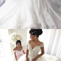 Gorgeous Ball Gown Off the Shoulder White Tulle Wedding Dress with Applique - Thumbnail 1