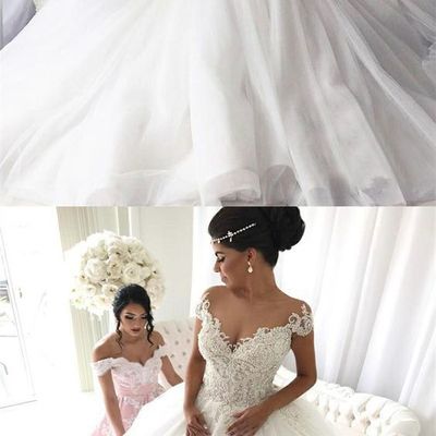 Gorgeous ball gown off the shoulder white tulle wedding dress with applique - Thumbnail 5