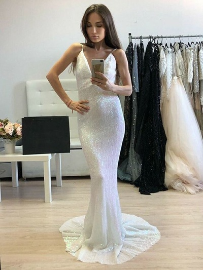 Sexy Mermaid V Neck Spaghetti Straps Backless White Sequins Prom Dress, Unique Long Evening Dress