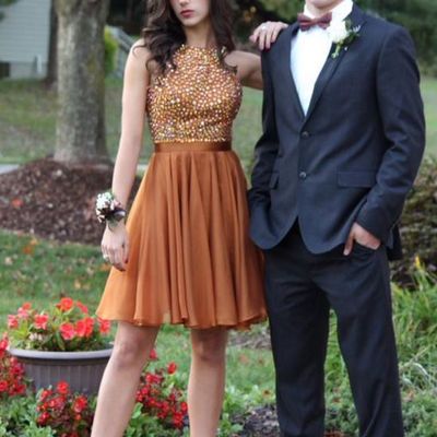 Unique a line round neck open back brown chiffon homecoming dress with beading, fashion short prom dress - Thumbnail 4