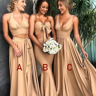 Champagne satin split long bridesmaid dresses - Thumbnail 5