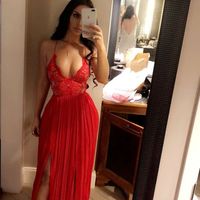 Sexy Deep V-Neck Red Long Prom Dress Tulle Evening Party Dress with Lace - Thumbnail 1