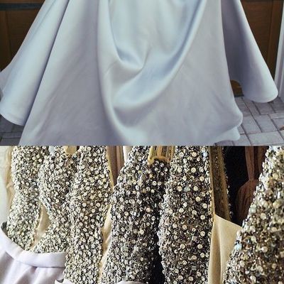 New arrival gorgeous v neck backless light grey satin prom dress with beading, formal evening dress custom made - Thumbnail 4