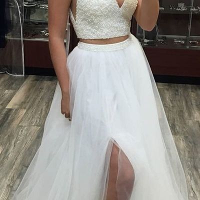 Elegant two piece v neck white long prom dress split tulle evening party dress with beading - Thumbnail 4