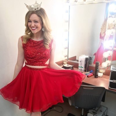 Cute round neck two piece a-line beaded red homecoming dress red sparkly prom dress - Thumbnail 3