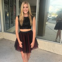 Cute Two Piece Beaded Black and Wine Tulle Homecoming Dress Short Cocktail Party Dress - Thumbnail 1
