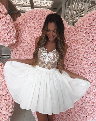 Cute Straps A-Line White Lace Homecoming Dress Short Prom Dress