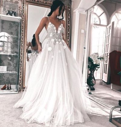 Elegant Spaghetti Straps V Neck Lace Tulle A-Line Long Wedding Dress with 3D flowers
