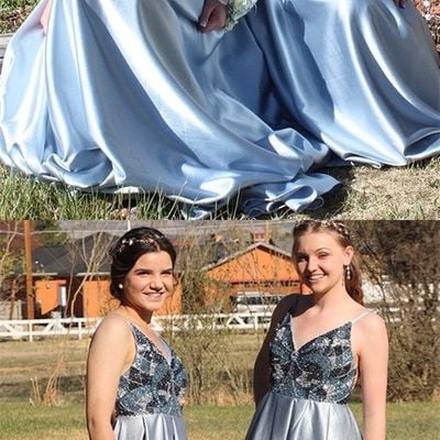 Elegant spaghetti straps beaded blue long prom dress satin evening party dress - Thumbnail 5