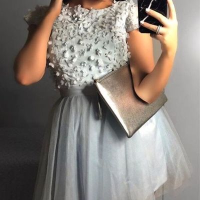 Cute grey round neck cap sleeve tulle short prom dress with handmade flowers - Thumbnail 5