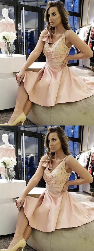 Pretty V Neck Floral Lace Pink Short Homecoming Dress Prom Dress