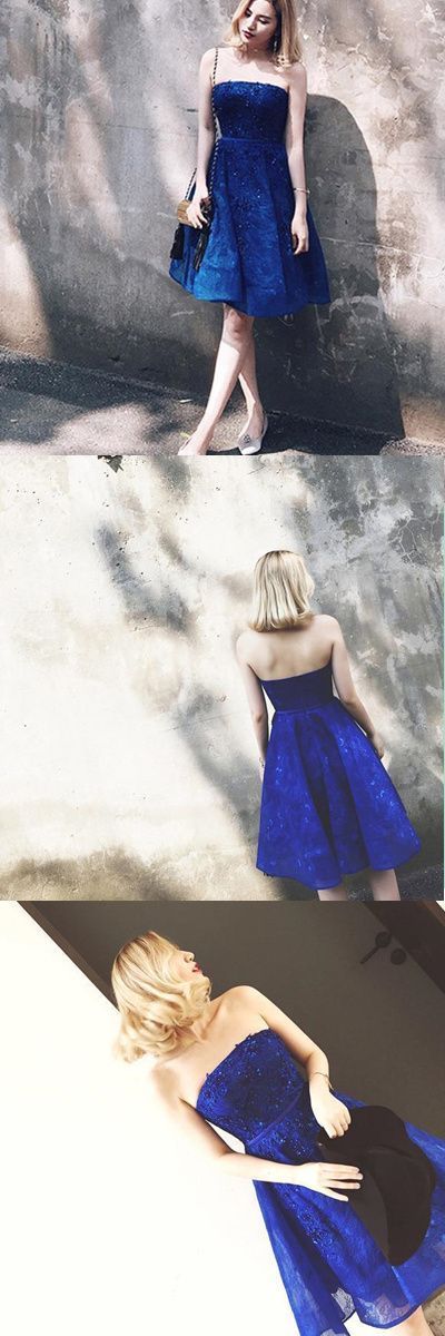 Elegant Strapless Lace Beaded Knee Length Royal Blue Homecoming Dress Short Cocktail Party Dress