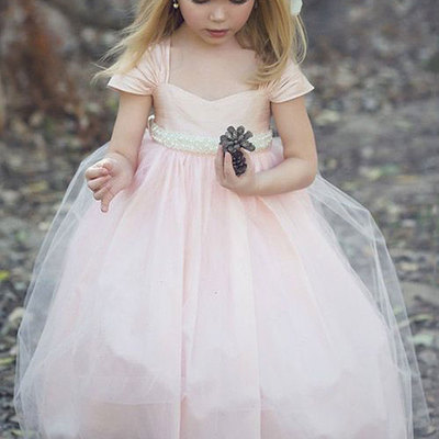 Princess pink cap sleeve sweetheart a-line tulle flower girl dress with bow for wedding party - Thumbnail 5