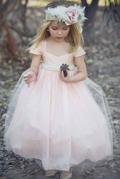 Princess Pink Cap Sleeve Sweetheart A-Line Tulle Flower Girl Dress with Bow For Wedding Party