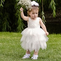 Princess A-Line Ivory Tiered Tulle Flower Girl Dress - Thumbnail 1