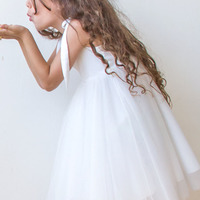 Cute Square Neck A-Line White Tulle Flower Girl Dresses  - Thumbnail 1
