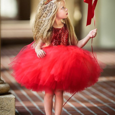 Cute ball gown a-line red sequins tulle flower girl dress with bow - Thumbnail 4