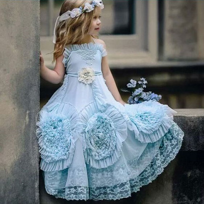 Princess a-line blue floral lace long flower girl dresses - Thumbnail 5
