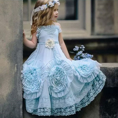 Princess A-Line Blue Floral Lace Long Flower Girl Dresses