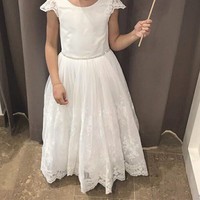 Cute Cap Sleeve V Back White Lace Flower Girl Dress with Blet - Thumbnail 1