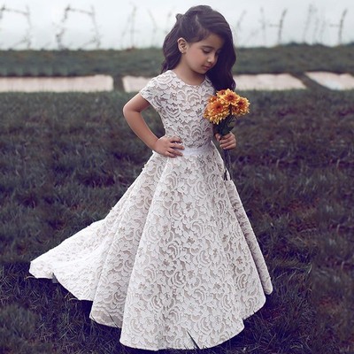 Cute short sleeve ivory lace flower girl dress with train - Thumbnail 3