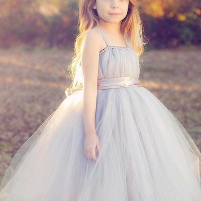 Princess a-line grey tulle long flower girl dresses - Thumbnail 3