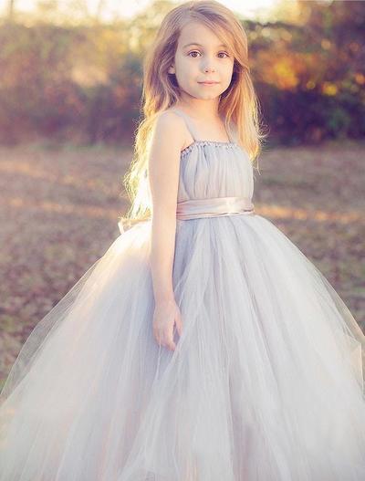 Princess A-Line Grey Tulle Long Flower Girl Dresses