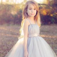 Princess A-Line Grey Tulle Long Flower Girl Dresses - Thumbnail 1