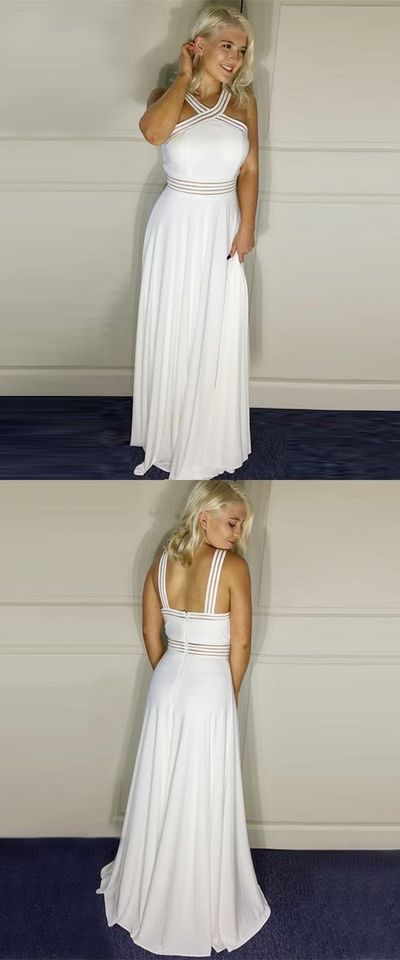 Elegant Halter Straps Back White Long Prom Dress A-Line Evening Party Dress