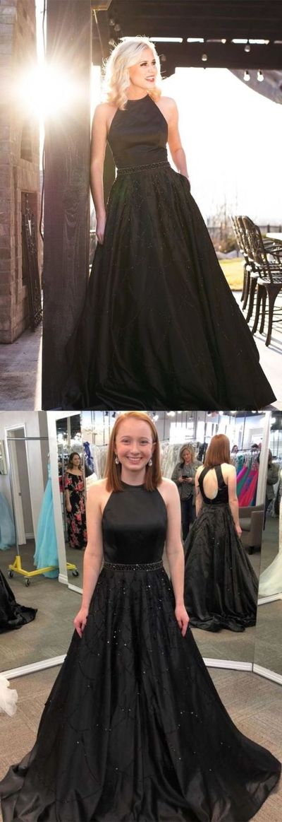 Elegant Halter Backless Beaded A-Line Black Long Prom Dress Evening Party Dress with Pockets