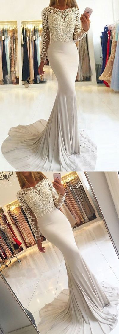 Elegant Round Neck Long Sleeve Lace Mermaid Long prom Dress Party Dress