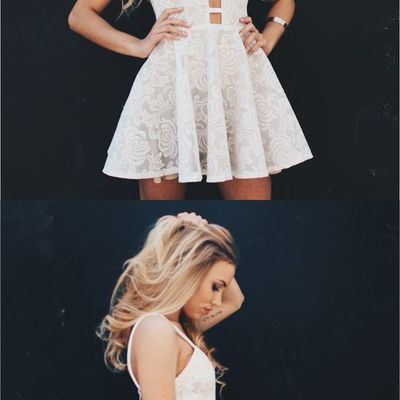 Cute spaghetti straps v neck white lace short homecoming dress - Thumbnail 4