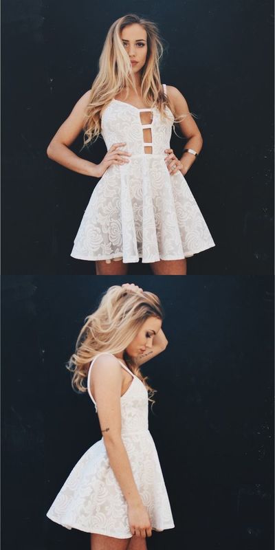 Cute Spaghetti Straps V Neck White Lace Short Homecoming Dress