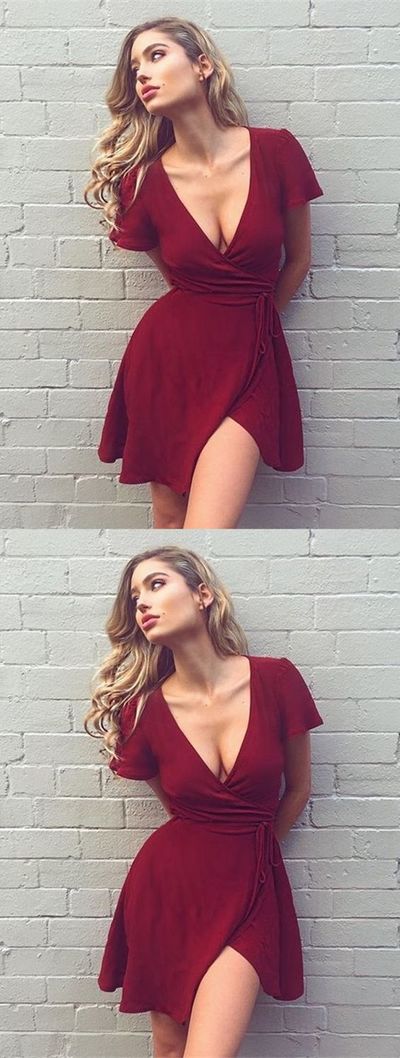 Simple Deep V Neck Short Sleeve Burgundy A-Line Short Homecoming Dress Under 100