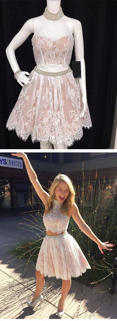 Cute Halter Two Piece White Lace Short Homecoming Dress with Lace
