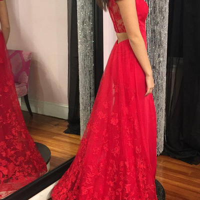 Elegant off the shoulder red lace long prom dress with side split - Thumbnail 5