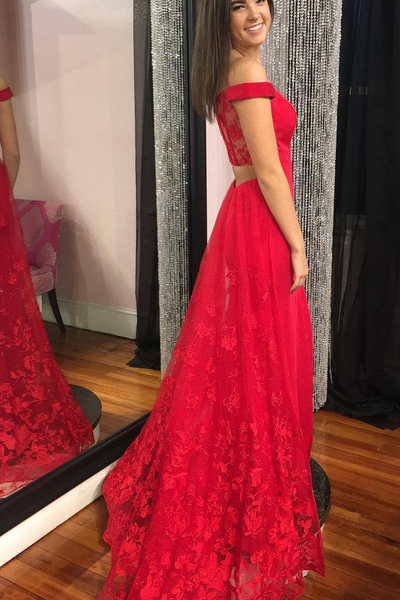 Elegant Off the Shoulder Red Lace Long Prom Dress with Side Split
