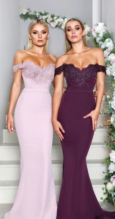 Mermaid Off the Shoulder Elastic Satin Long Bridesmaid Dress with Appliques