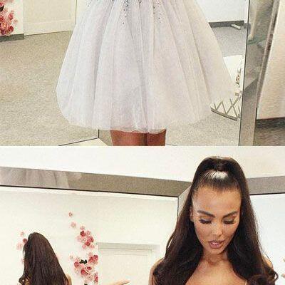 Unique and charming a line v neck backless tulle grey short dress with beading, applique short homecoming dress - Thumbnail 4