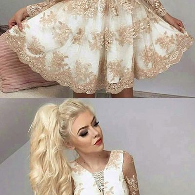 Vintage champagne long sleeve a-line short homecoming dress with appliques - Thumbnail 4