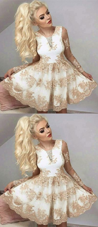 Vintage Champagne Long Sleeve A-line Short Homecoming Dress with Appliques