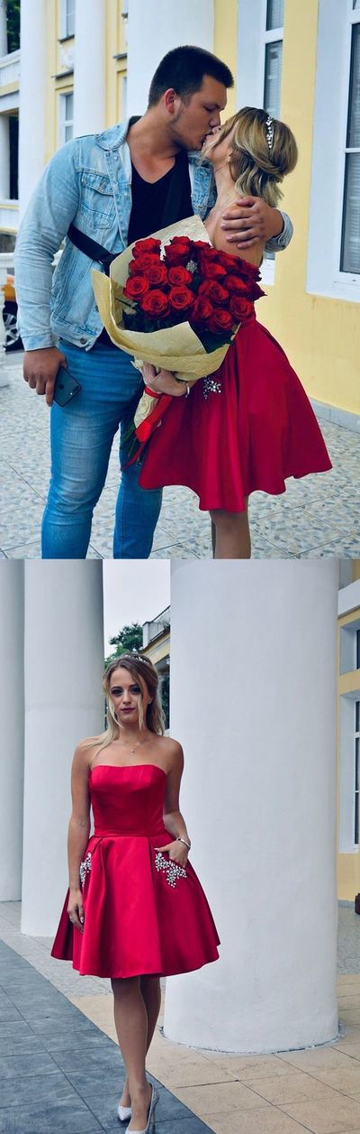 Cute Sweetheart A-Line Red Satin Short Homecoming Dress Party Dress with Beads Pockets