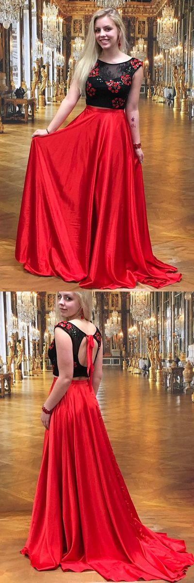 Charming Two Piece Boat Neck Backless Beads Long Prom Dress with Embroidery