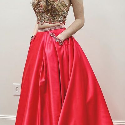 Charming two piece halter beads red a-line long prom dress with pockets - Thumbnail 4