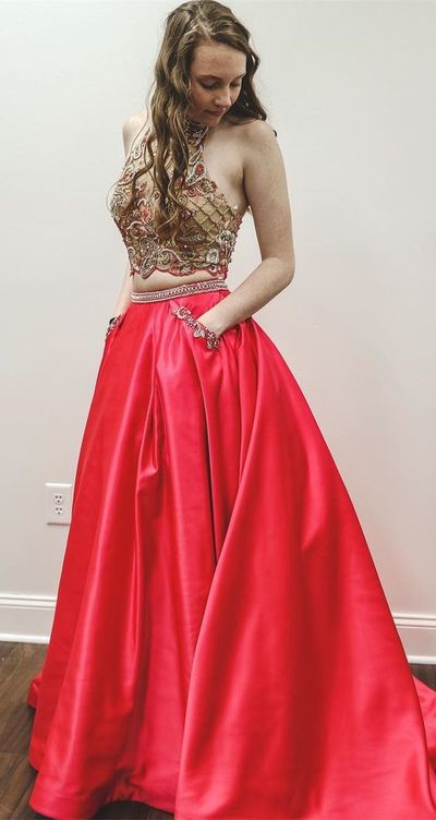 Charming Two Piece Halter Beads Red A-line Long Prom Dress with Pockets