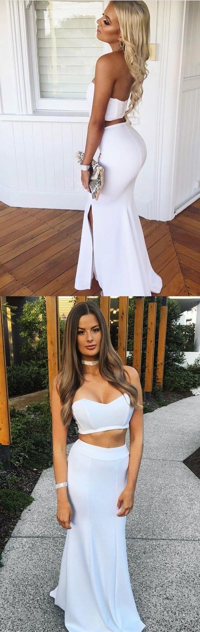 Sexy Two Piece Strapless White Mermaid Long Prom Dress Side Split Evening Party Dress