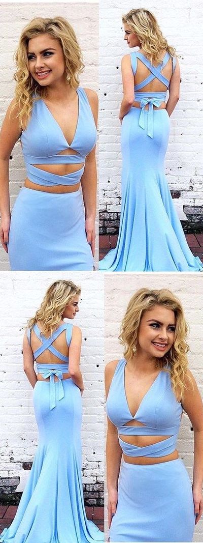 Sexy Mermaid Long Prom Dress,Two Piece Light Blue Criss Cross Straps Evening Party Dress