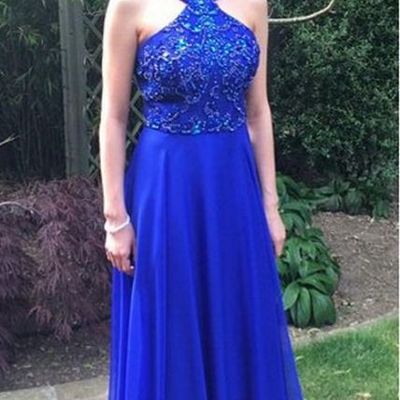 Elegant halter beads chiffon long prom dress royal blue evening gown - Thumbnail 5
