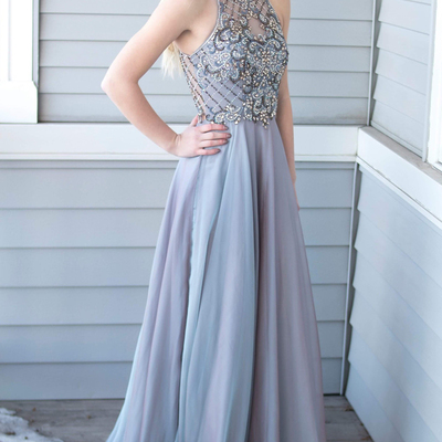 Charming halter long prom dress beads light grey evening party gown - Thumbnail 5